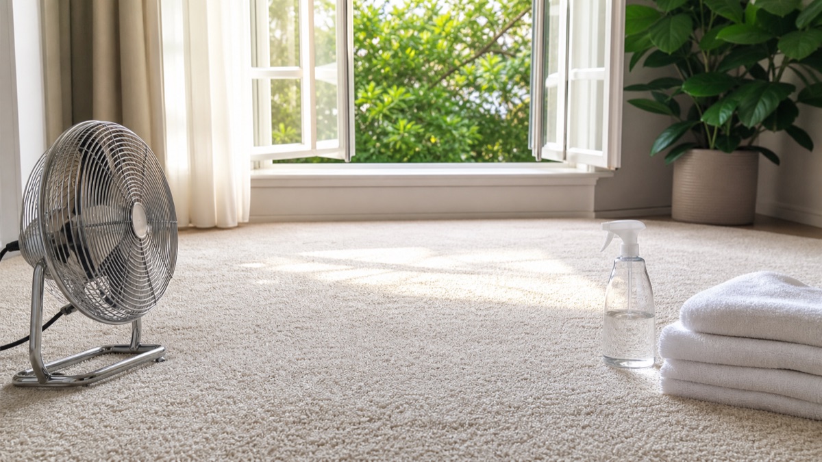 A fan and open window helping a freshly cleaned carpet dry in a sunny room