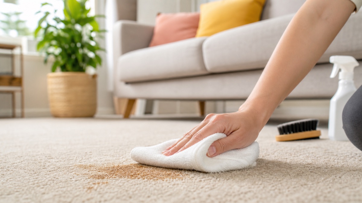 A hand blotting a small carpet stain with a white microfiber cloth
