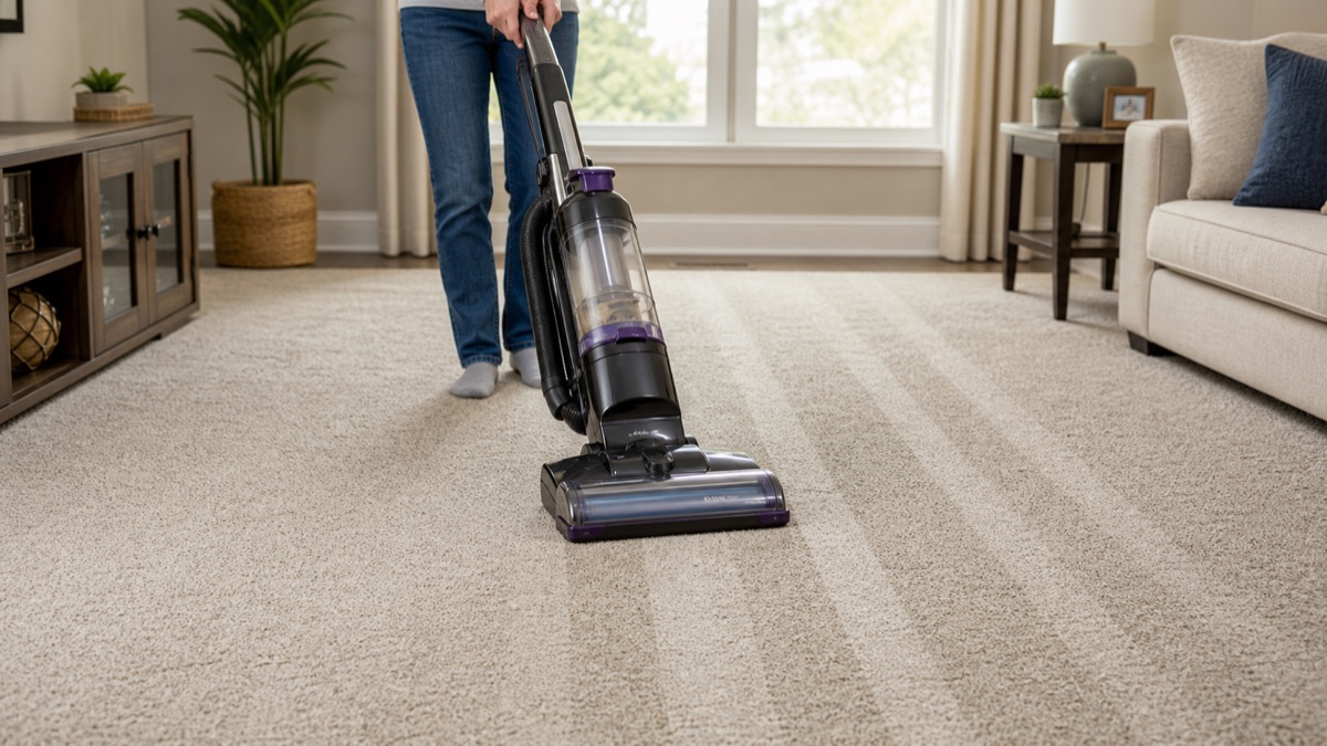 A person vacuuming a carpet in overlapping passes in a bright living room